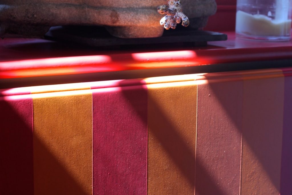 Woodwork: Oil Eggshell in Red Custom Mix Radiators: Oil Eggshell Stripes in Gioia's Madras, Arabella's Pumpkin, Red Custom Mix